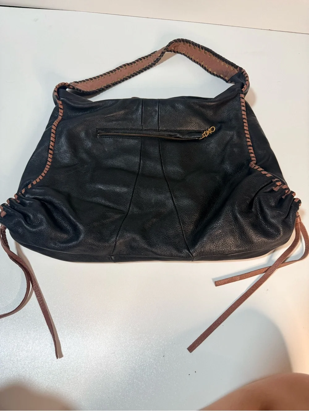 Muxo Black Leather Shoulder Hobo Bag with Brown Trim